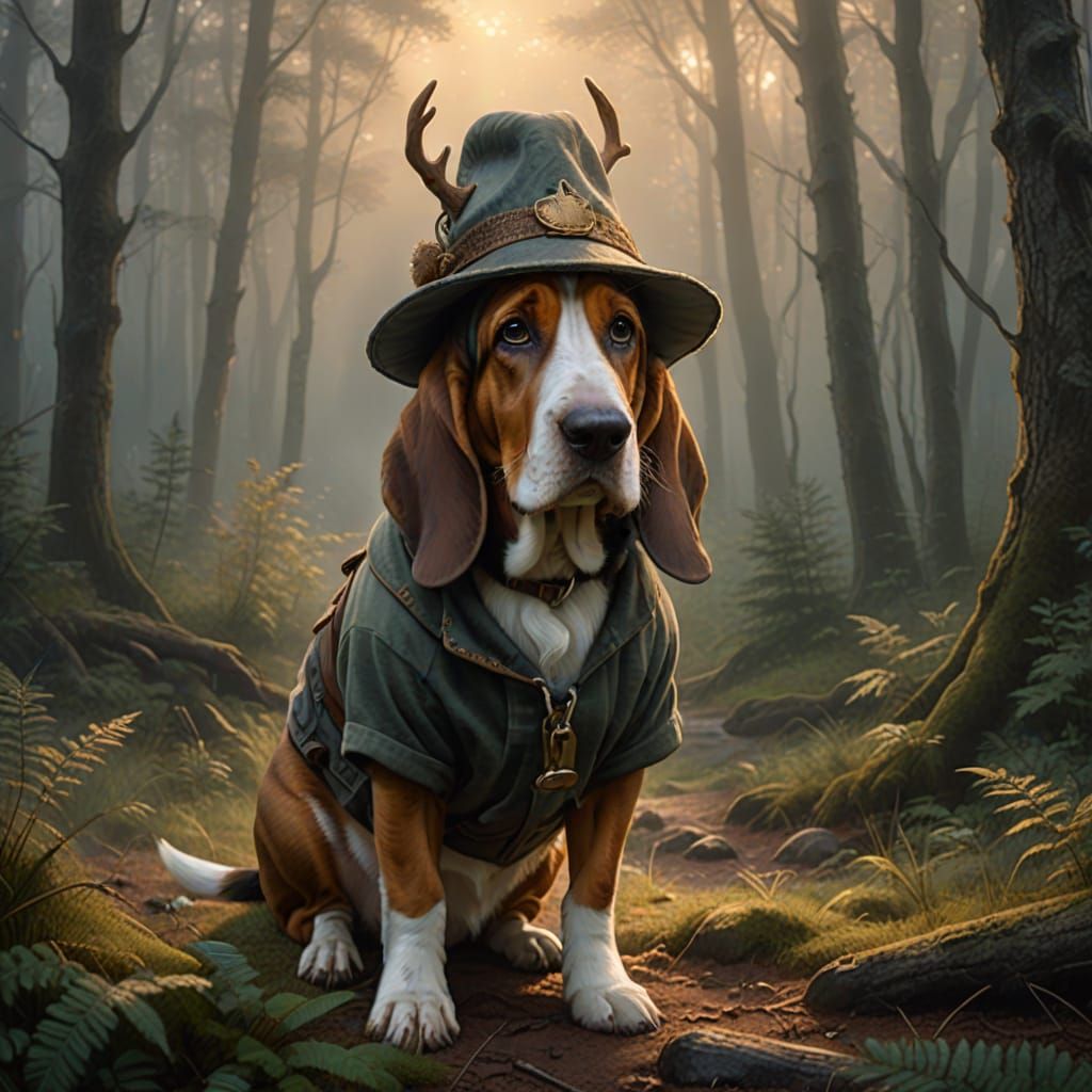 Basset Hound in Deer Stalker Hat in Misty Forest