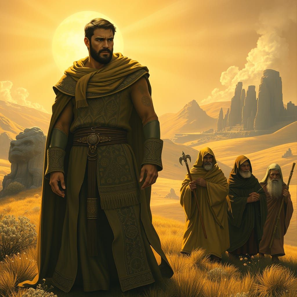 Heroic Figure Shields Innocent Prophets in Dreamlike Landsca...