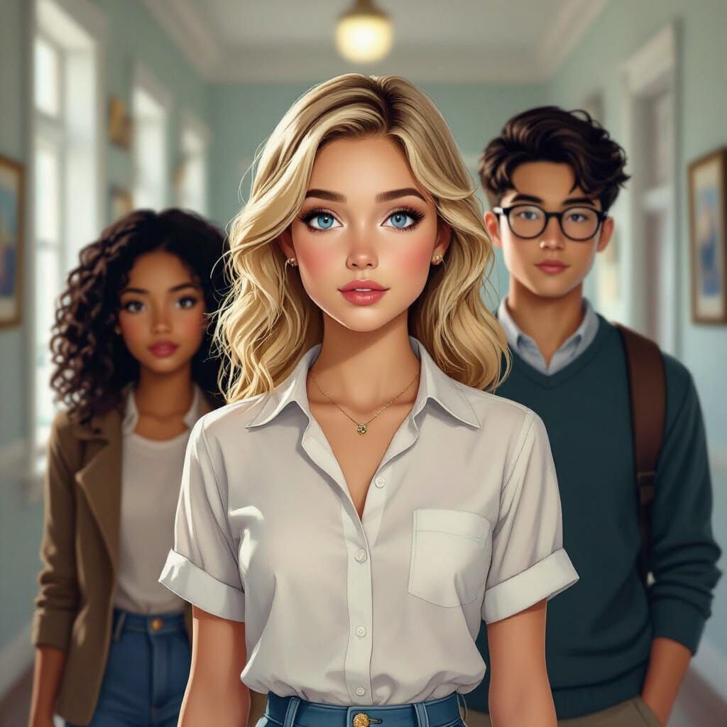 Students in American College Hallway: Realistic Digital Art