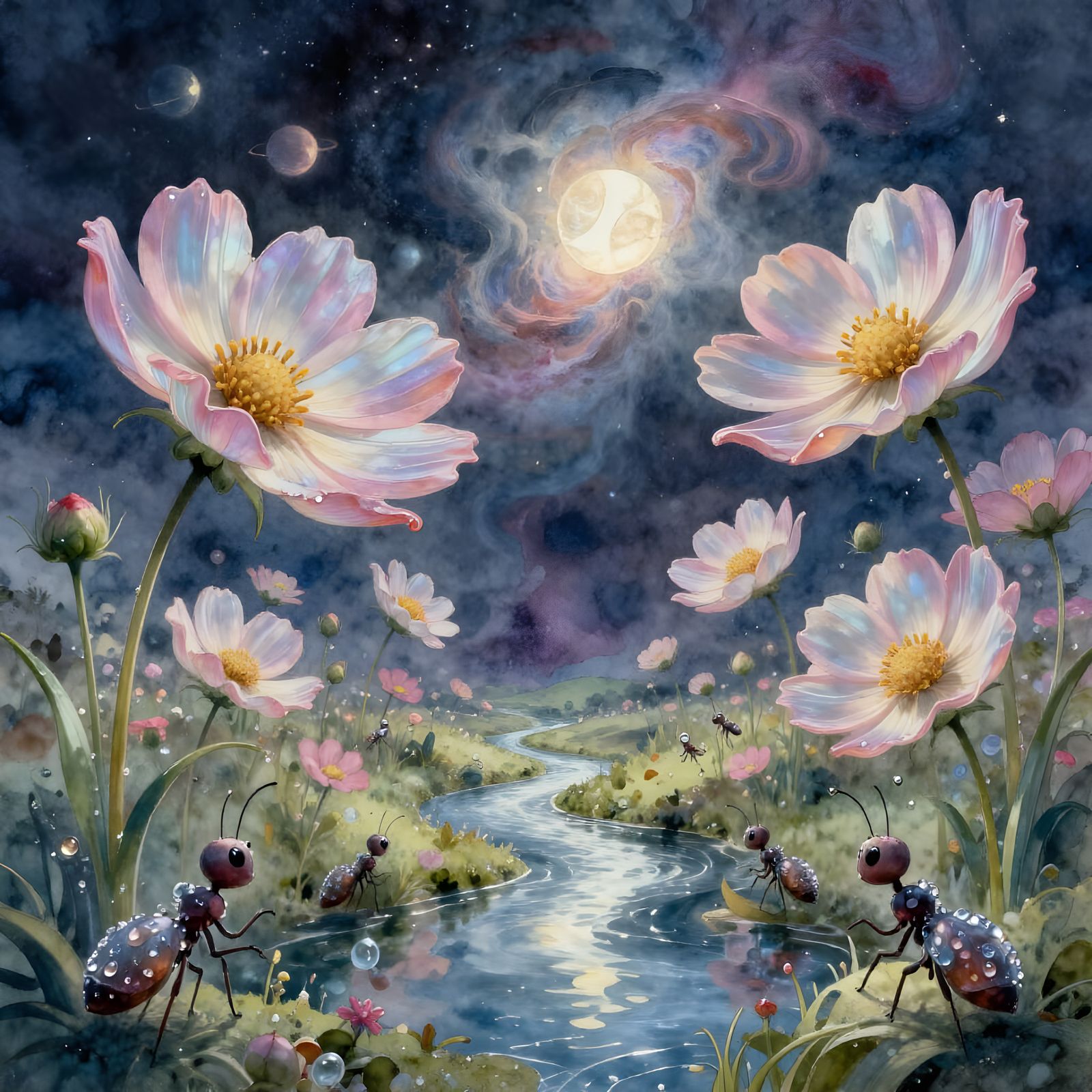 Cosmic Flowers and Ethereal Ants in Watercolor