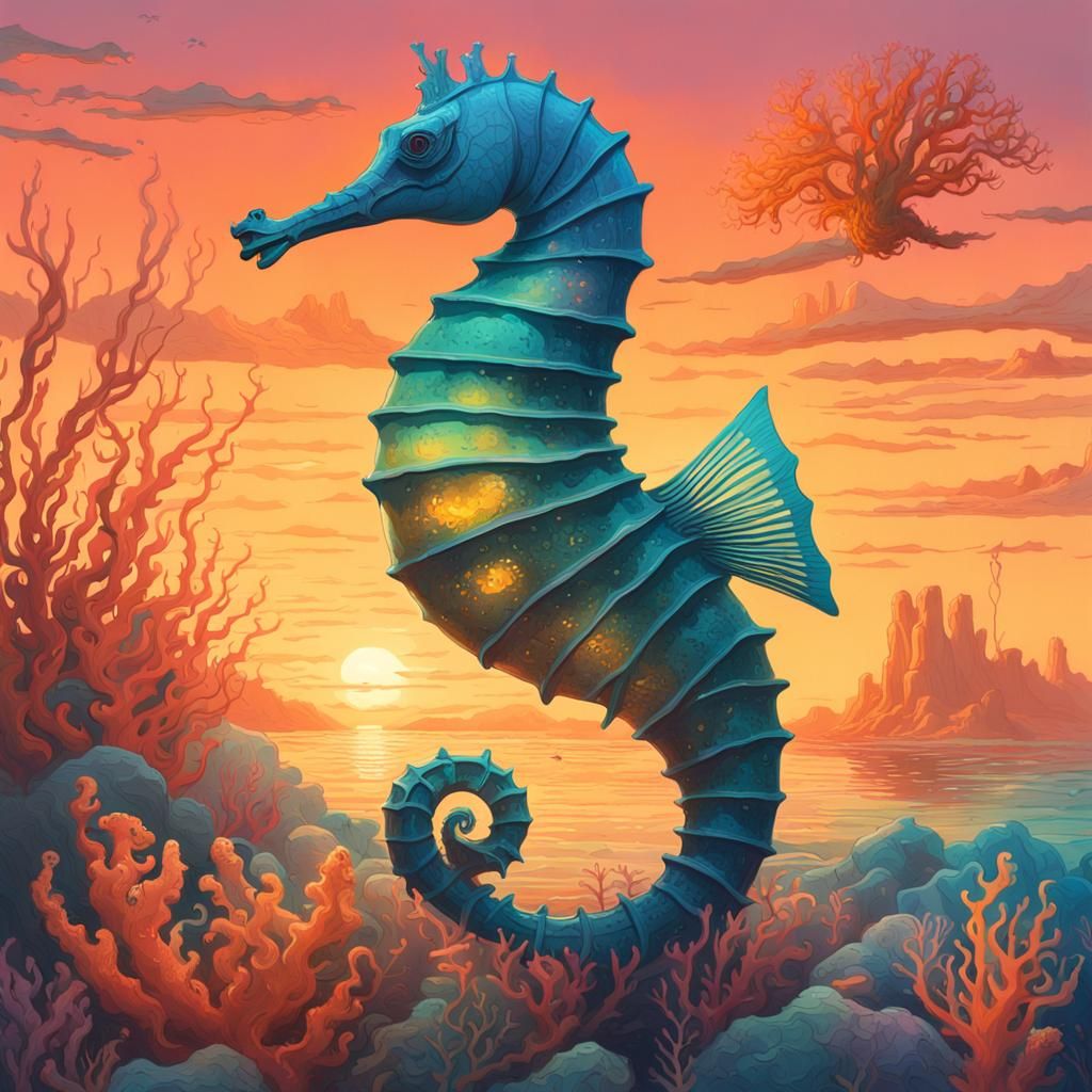 Glowing Seahorse in Coral Reef at Sunset
