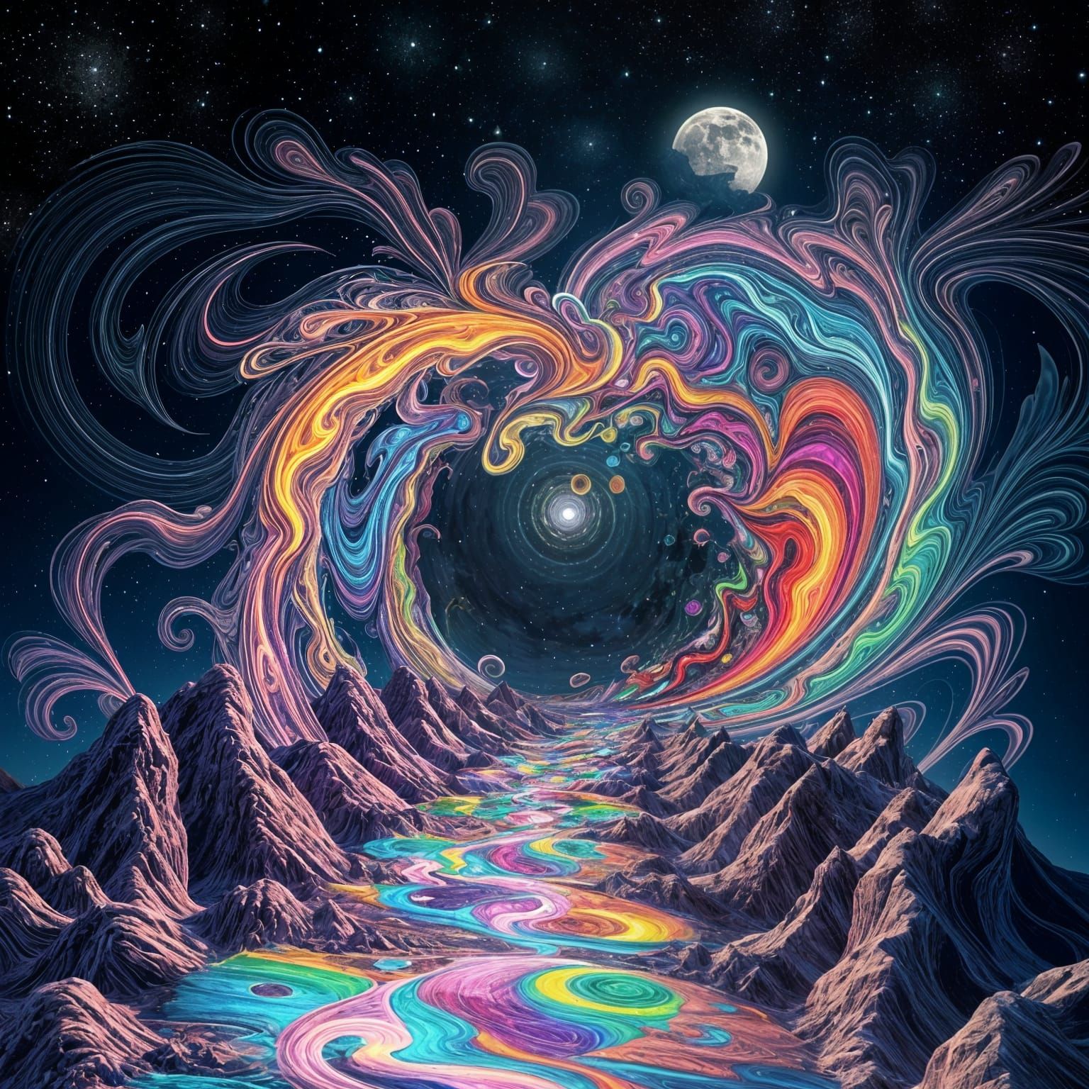 Vibrant Rainbow Fractal Pathway to the Moon