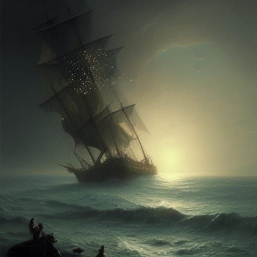 Girl, Butterflies, and Pirate Ship in Dark Horror