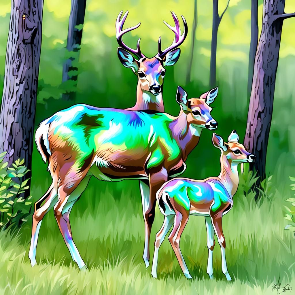 Iridescent Whitetail Deer and Fawn