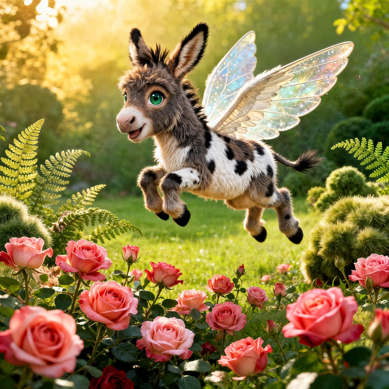 Joyful Winged Donkey Flies Over Rose Garden