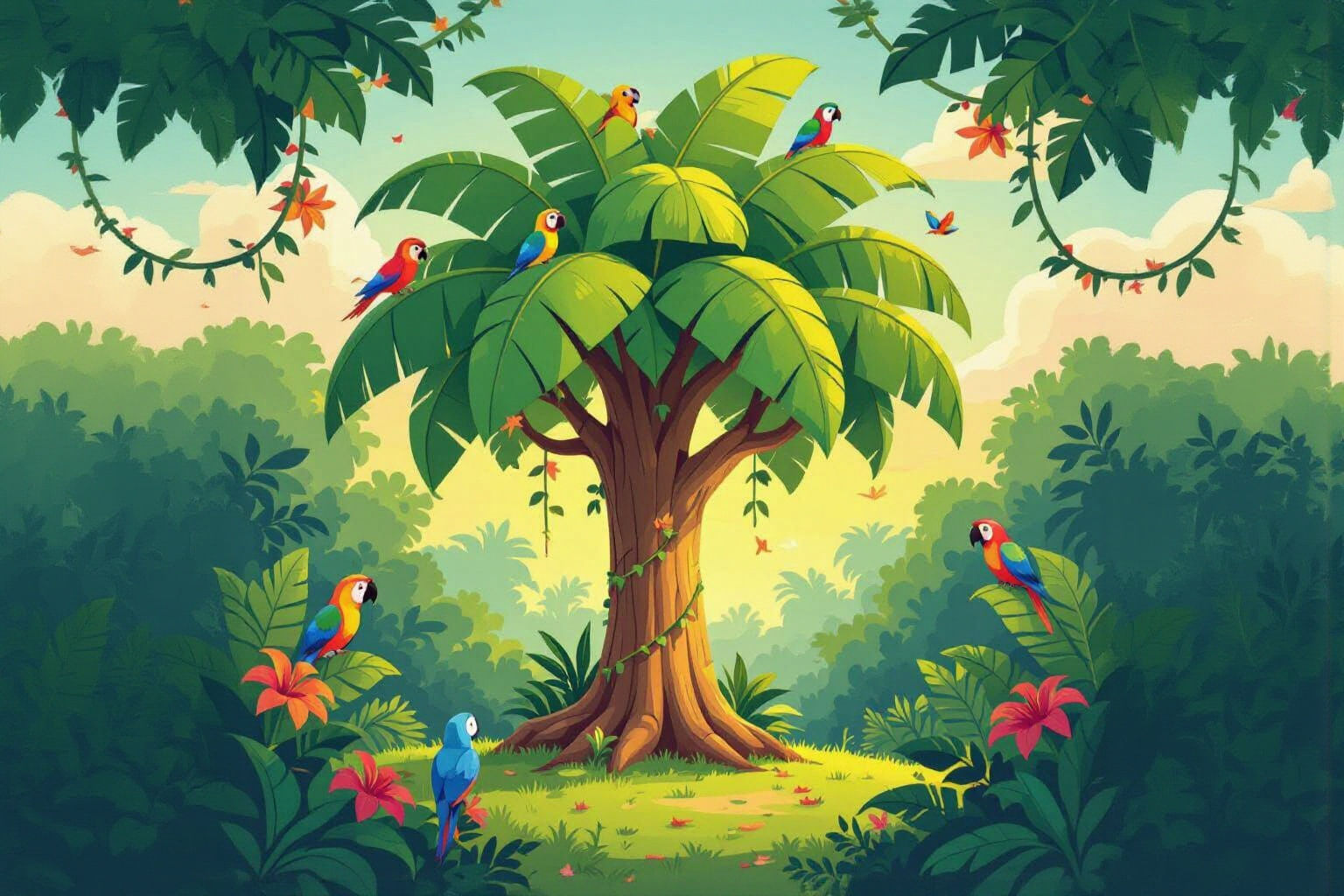Magical Glowing Banana Tree in Tropical Jungle Cartoon
