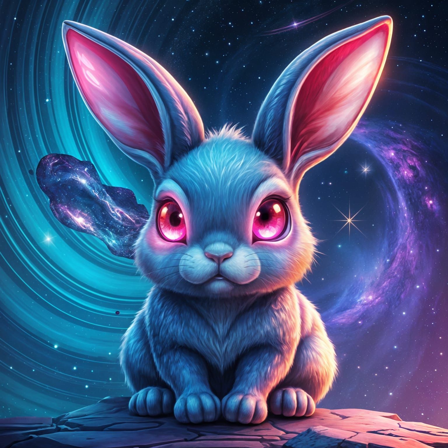 Celestial Bunny With Glowing Pink Eyes in Nebula