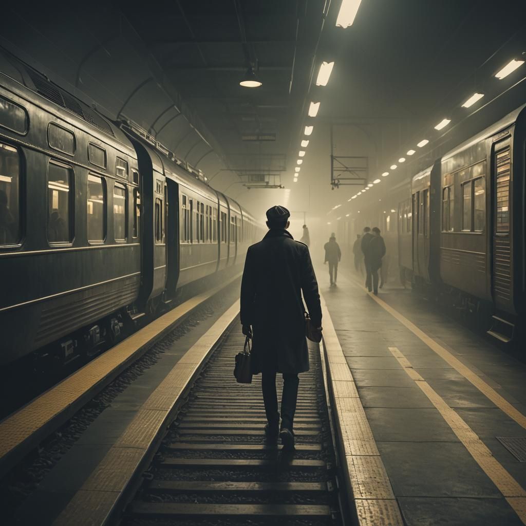 Man Watches Woman Depart on Train: Cinematic Still