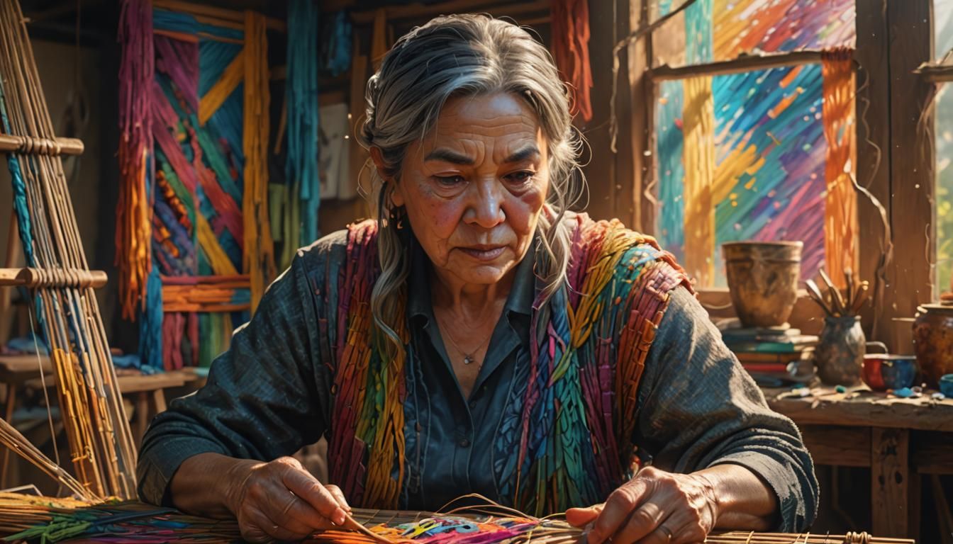 Mature Woman Weaving: Hyperrealistic Splash Art Portrait