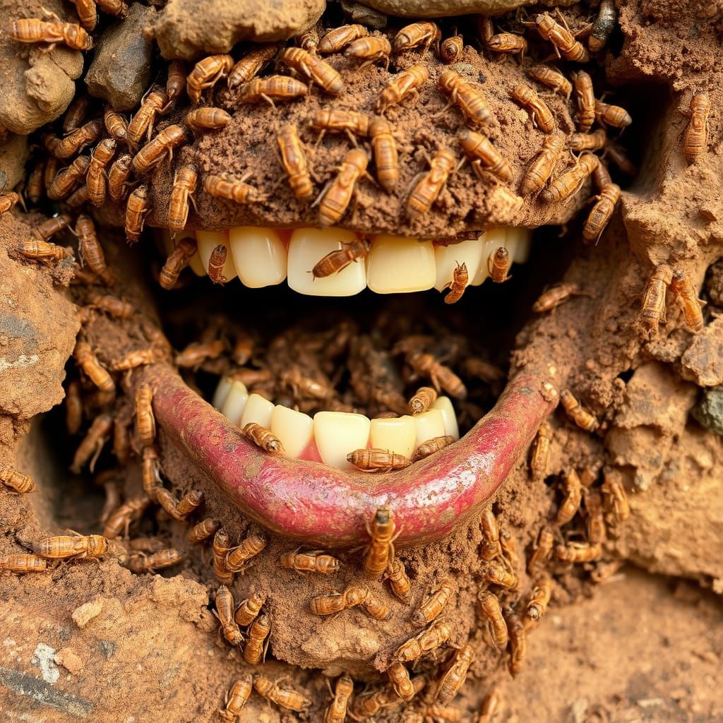 Termites Infest a Joyful Face in Surreal Portrait