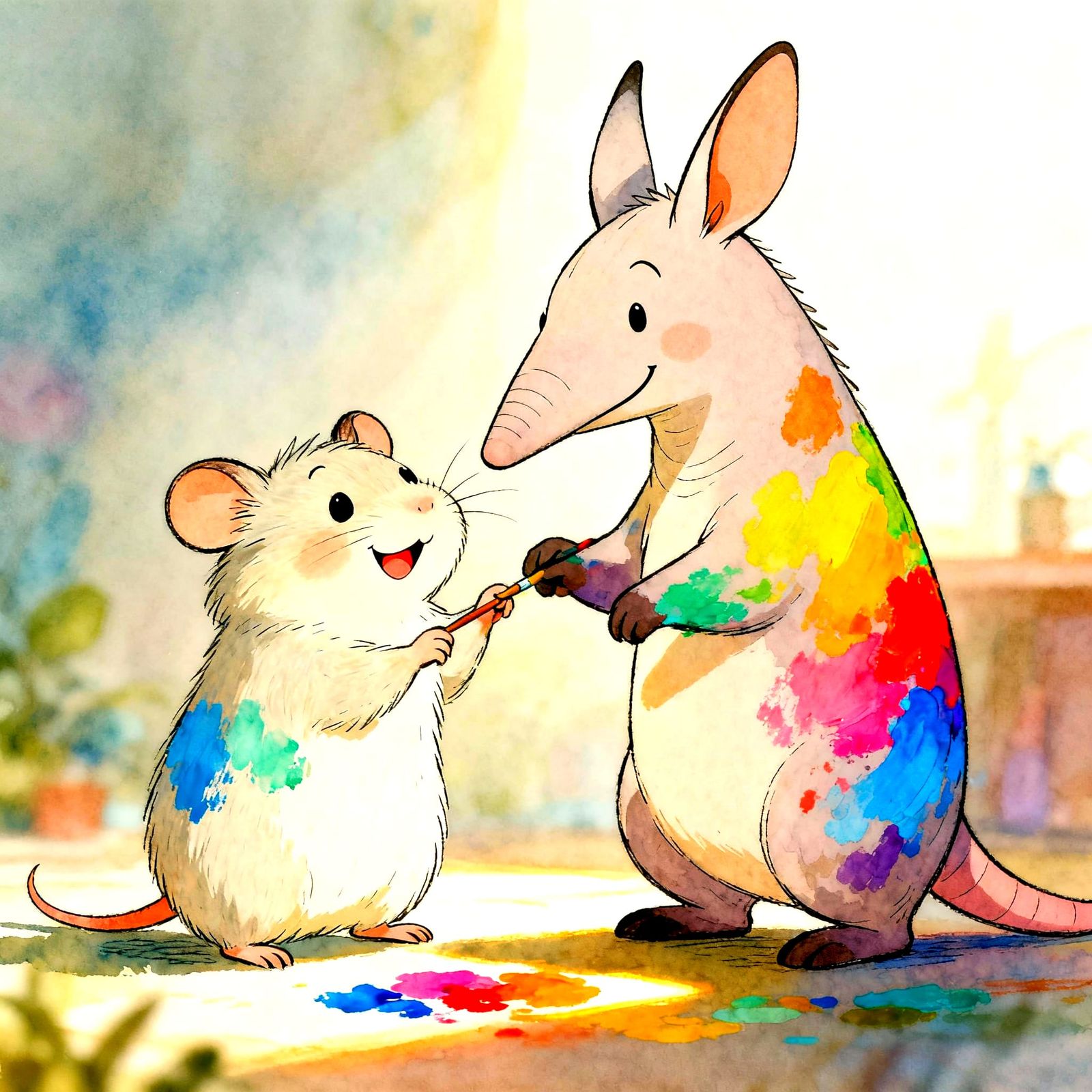 Anthropomorphic Hamster and Aardvark Painting Each Other