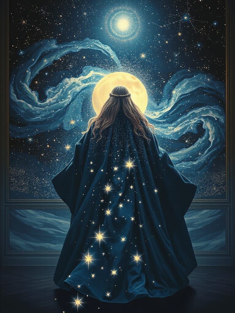 Celestial Winter Queen Emerges from Starry Mural