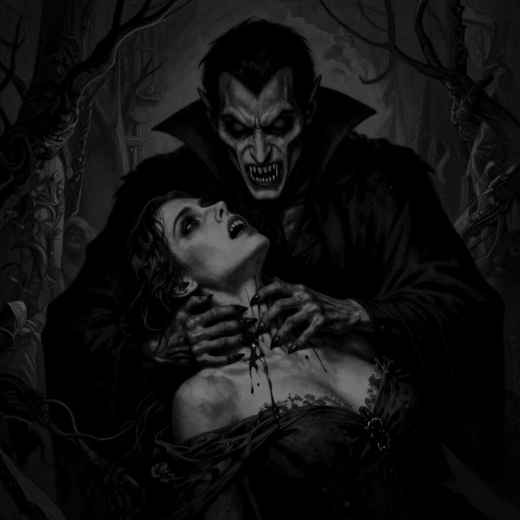 Gothic Vampire Biting Woman's Neck
