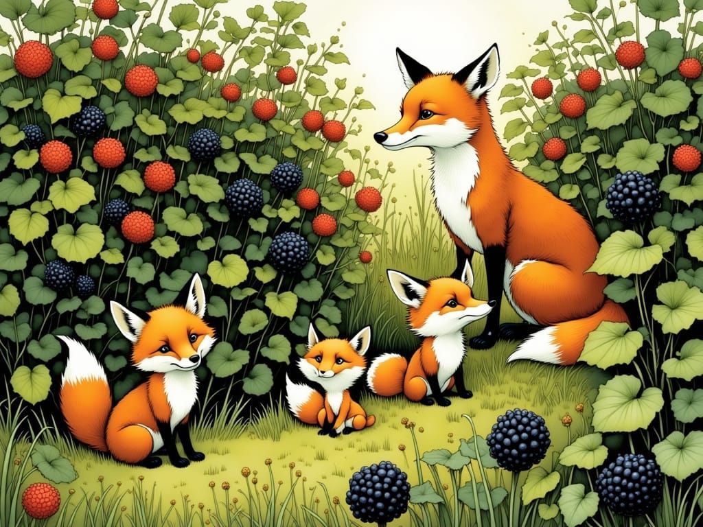 Surreal Fox Family in a Vibrant Blackberry Landscape