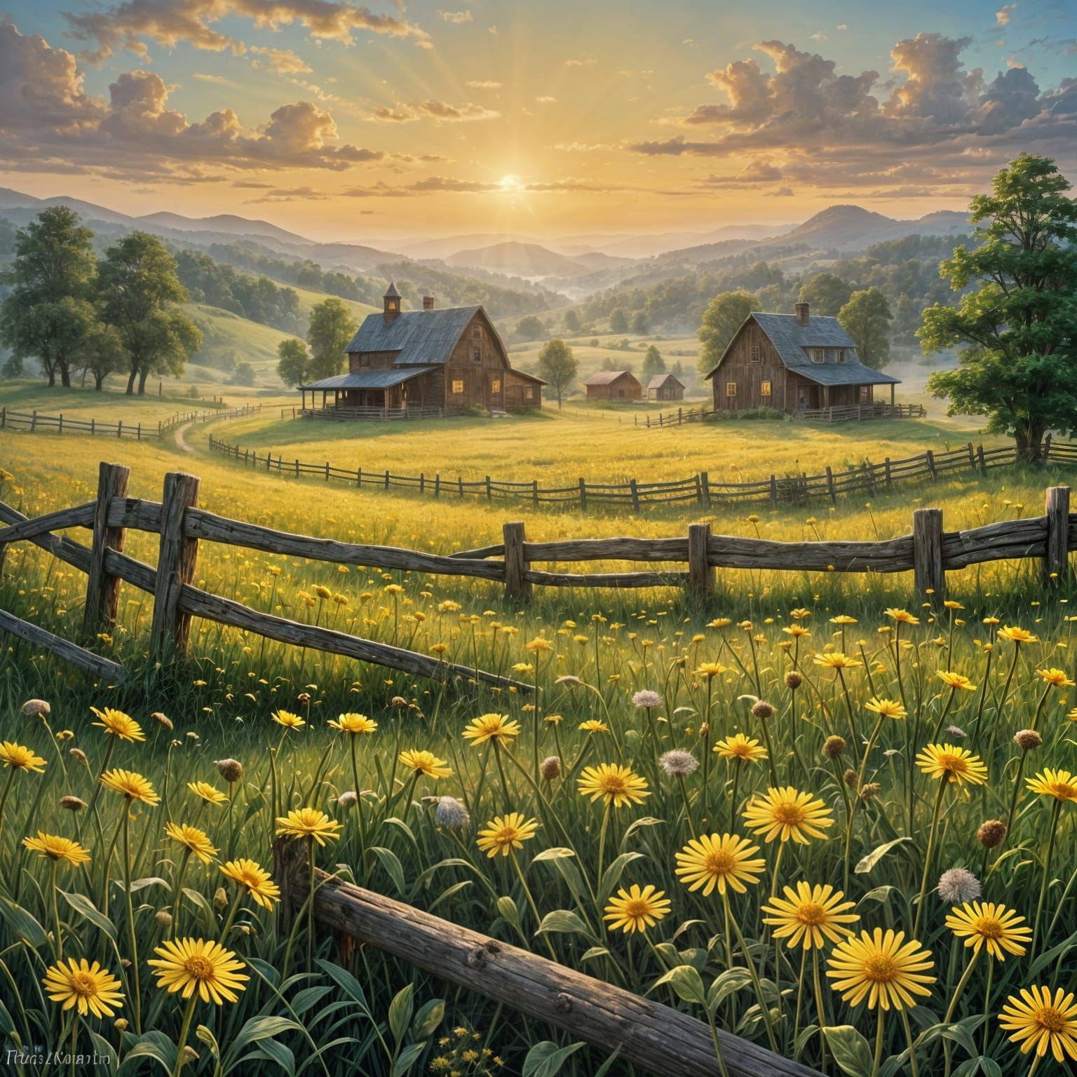 Surreal Sunrise in a Whimsical Dandelion Field