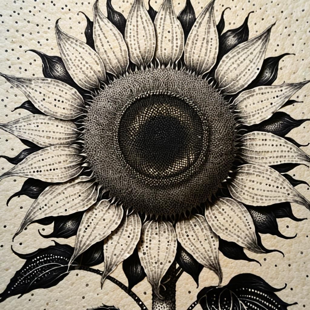 Detailed Pointillism Sunflower Drawing in Black Ink