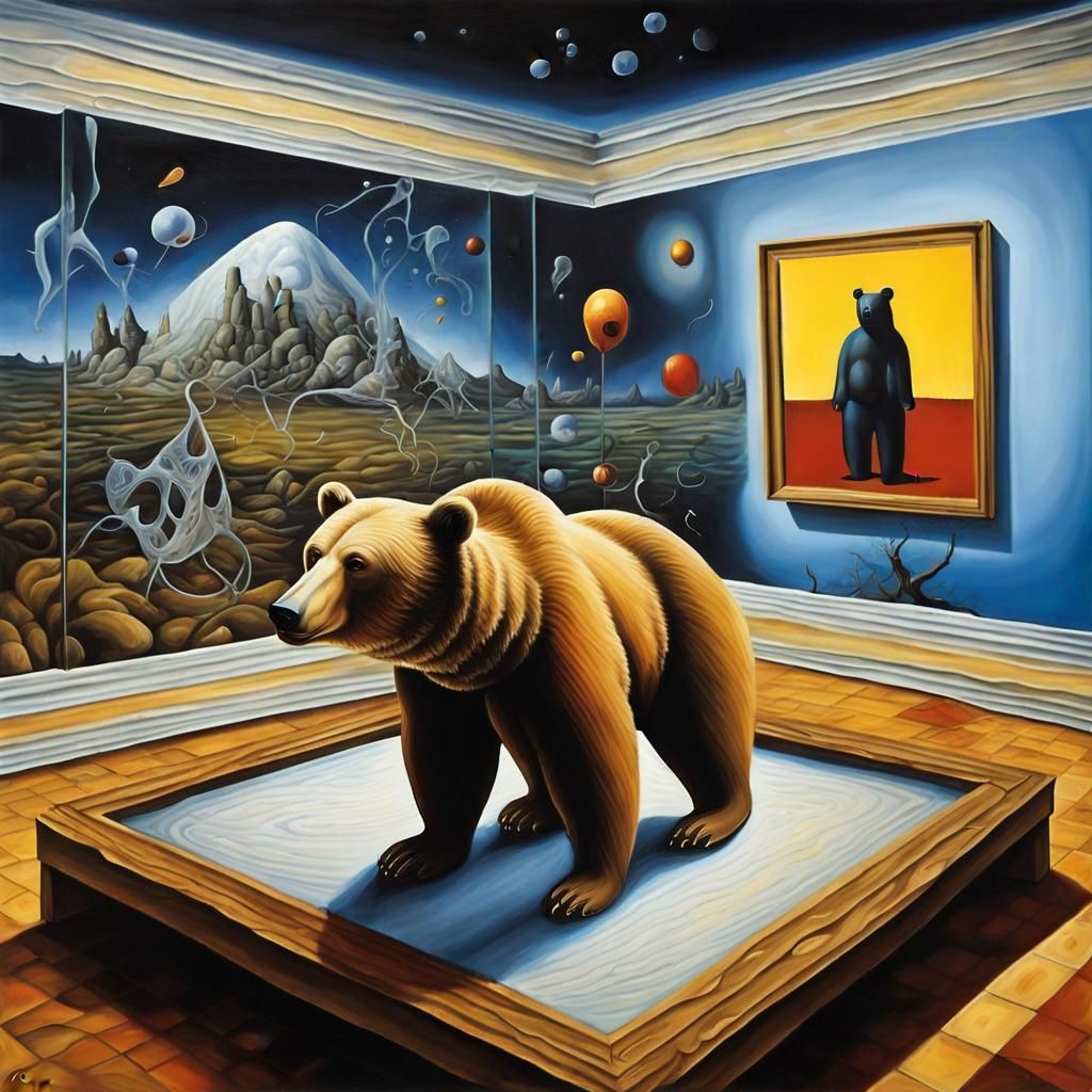 Surreal Bear in Glass Cube, a Surrealist Composition