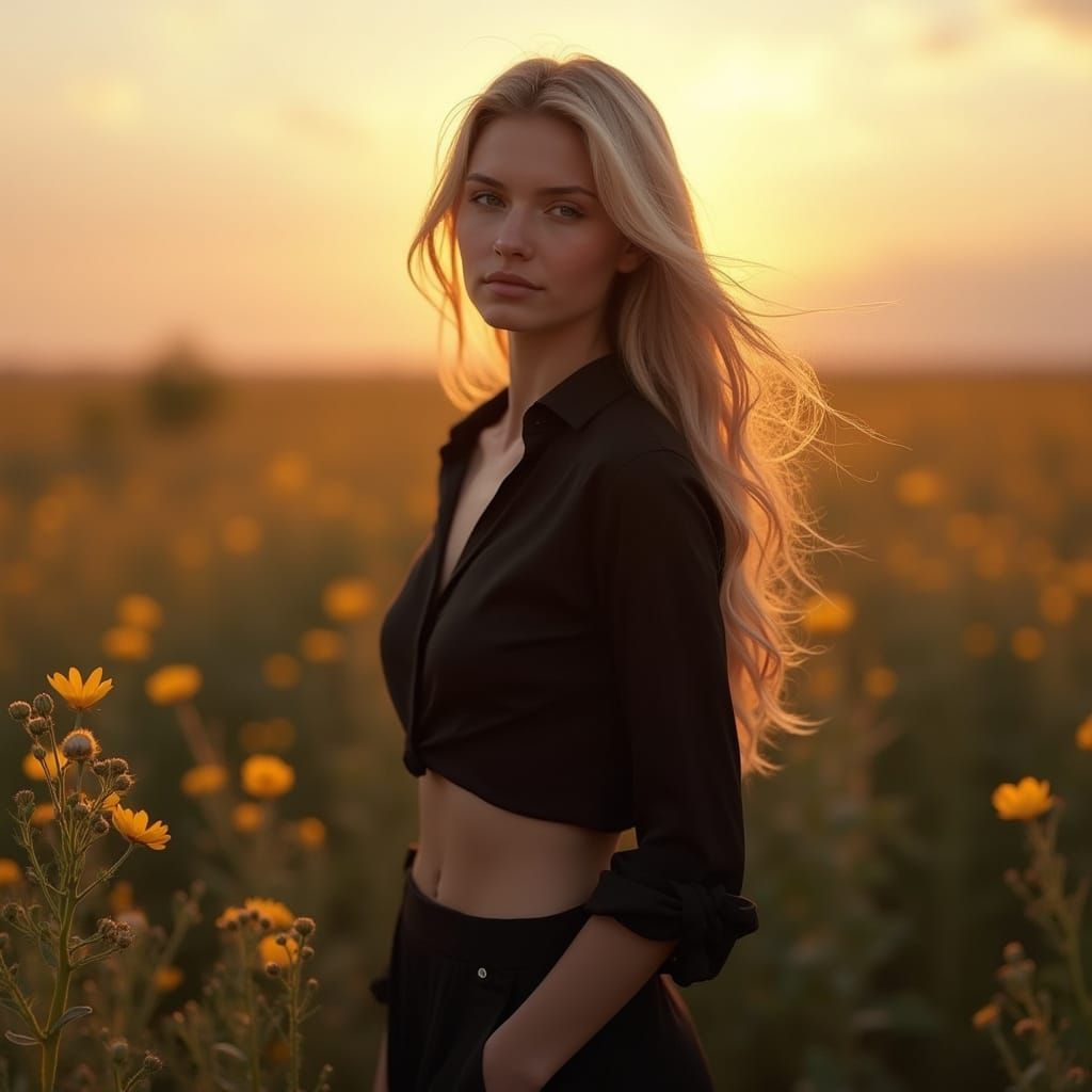 Confident Woman in Wildflower Field at Sunset