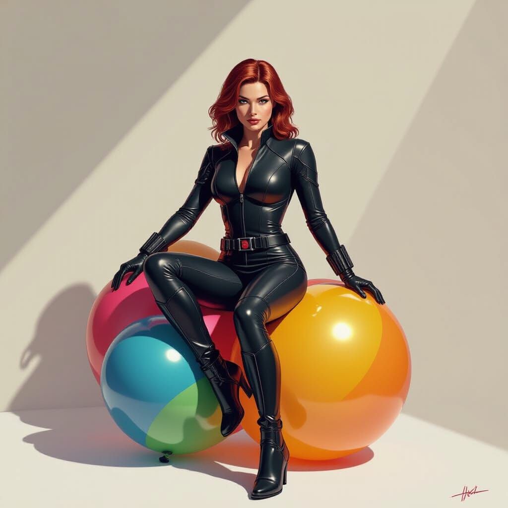 Black Widow Rides Giant Balloon in Bold, Vibrant Style