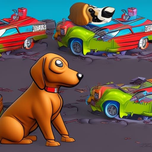 Cartoon Dogs Demolition Derby in Comic Book Style