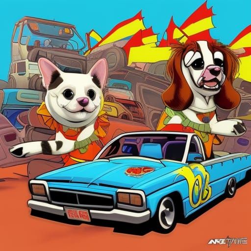 Cartoon Dogs Demolition Derby in Comic Book Style