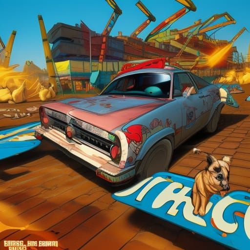 Cartoon Dogs Demolition Derby in Comic Book Art Style