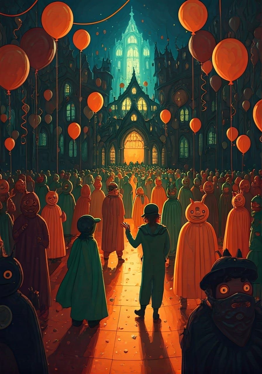 Whimsical Creatures Dance at a Vibrant Halloween Bash