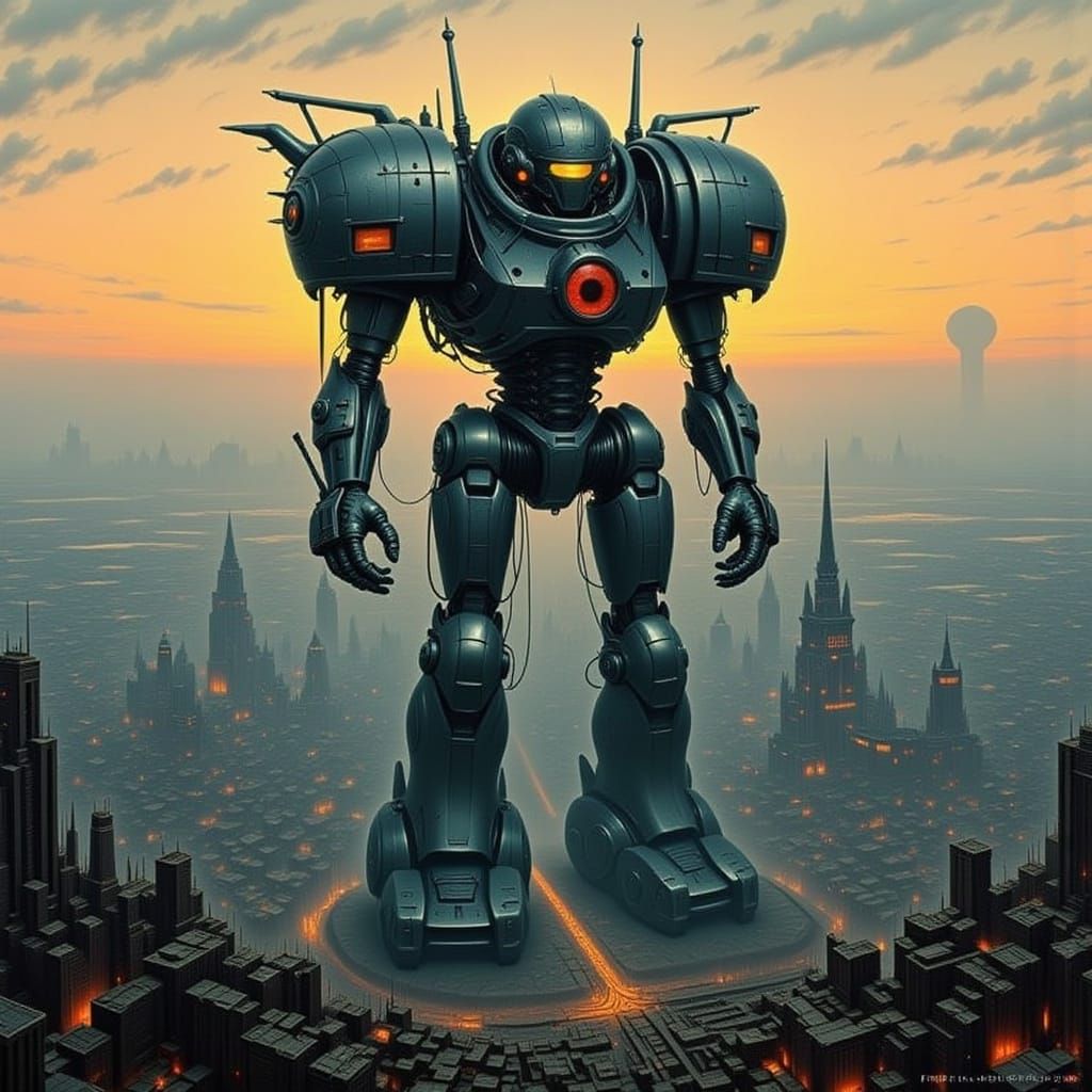 Giant Robot Towers Over Metropolis in Sci-Fi Style