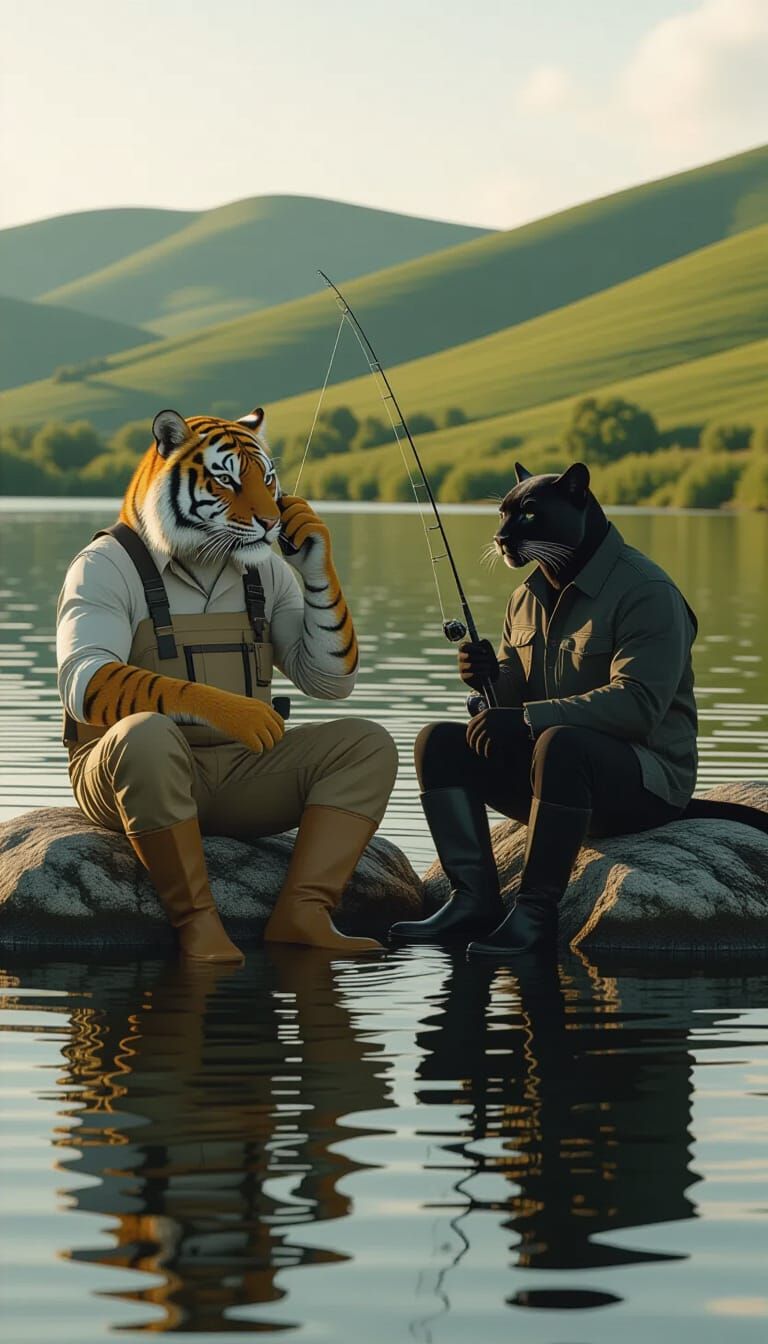 Tiger and Panther Fishing at Lakeside, in Cinematic Style