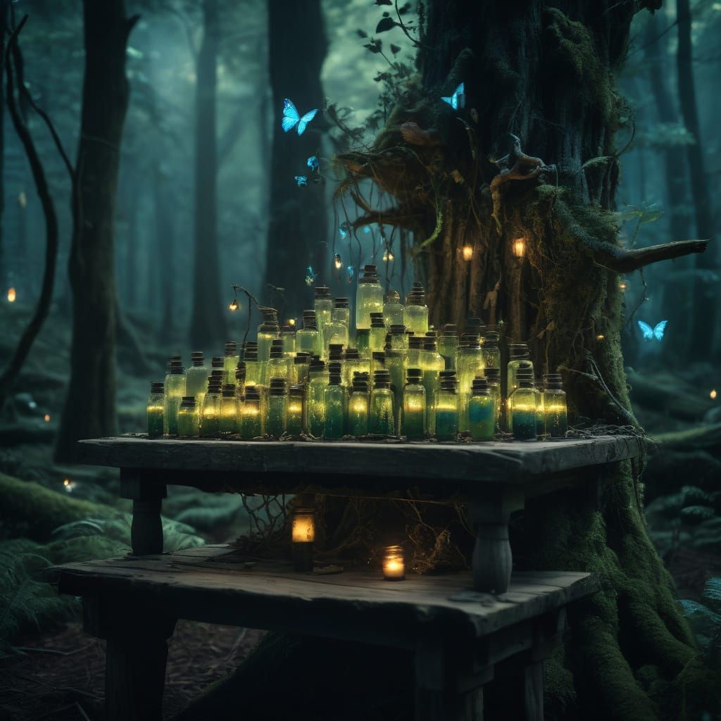 A mystical potion stand deep in an enchanted forest