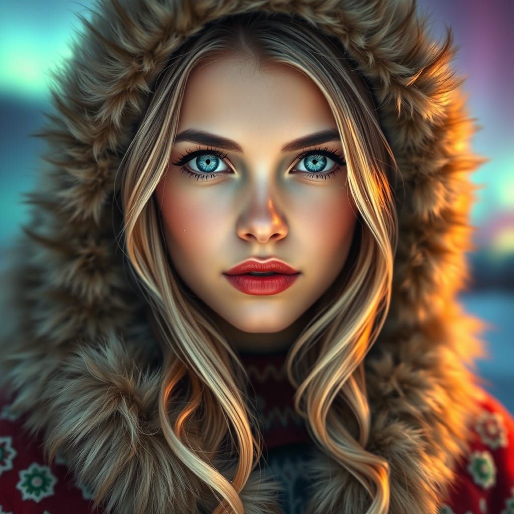 Ethereal Saami Princess with Aurora Borealis Background in T...