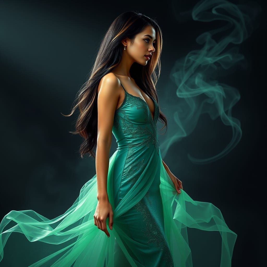 Ethereal Latina in Iridescent Gown with Luminescent Smoke