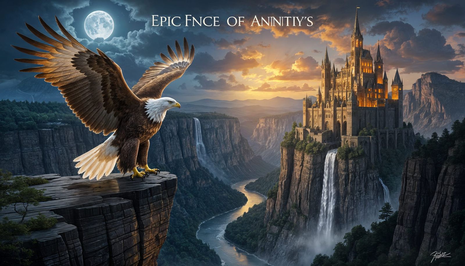 Majestic Golden Eagle Overlooking River Valley and Gothic Ca...