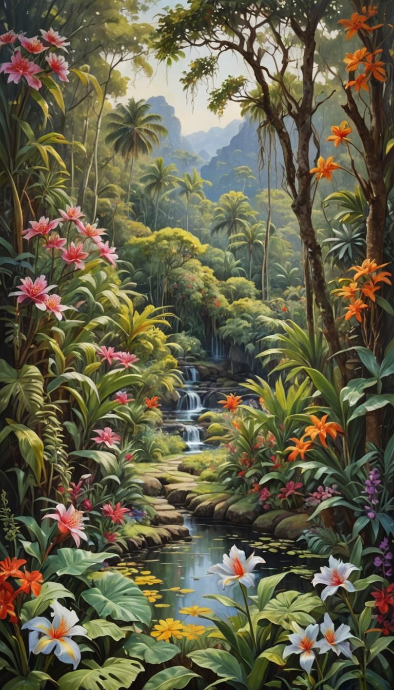 Lush Balinese Landscape with Exotic Flowers as Oil Painting