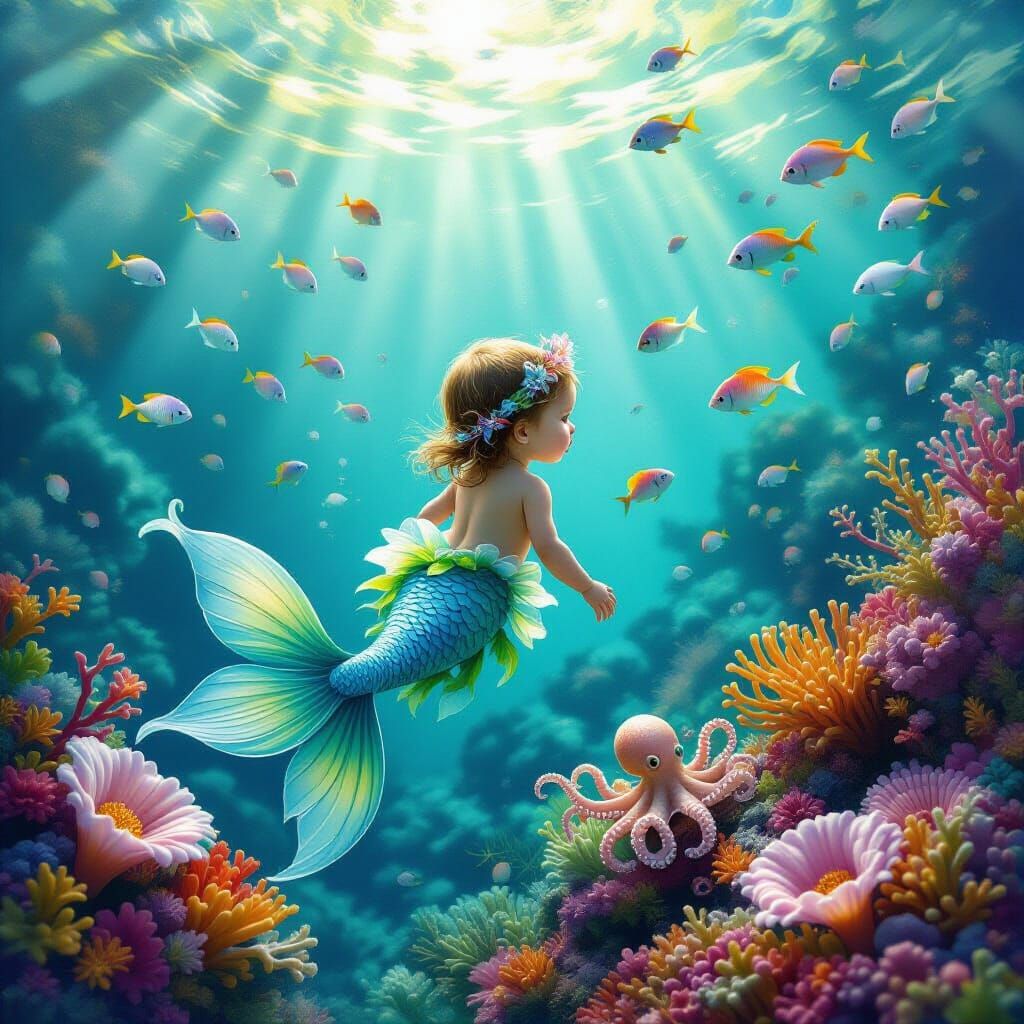 Infant Mermaid Exploring Coral Reef in Fantasy Style