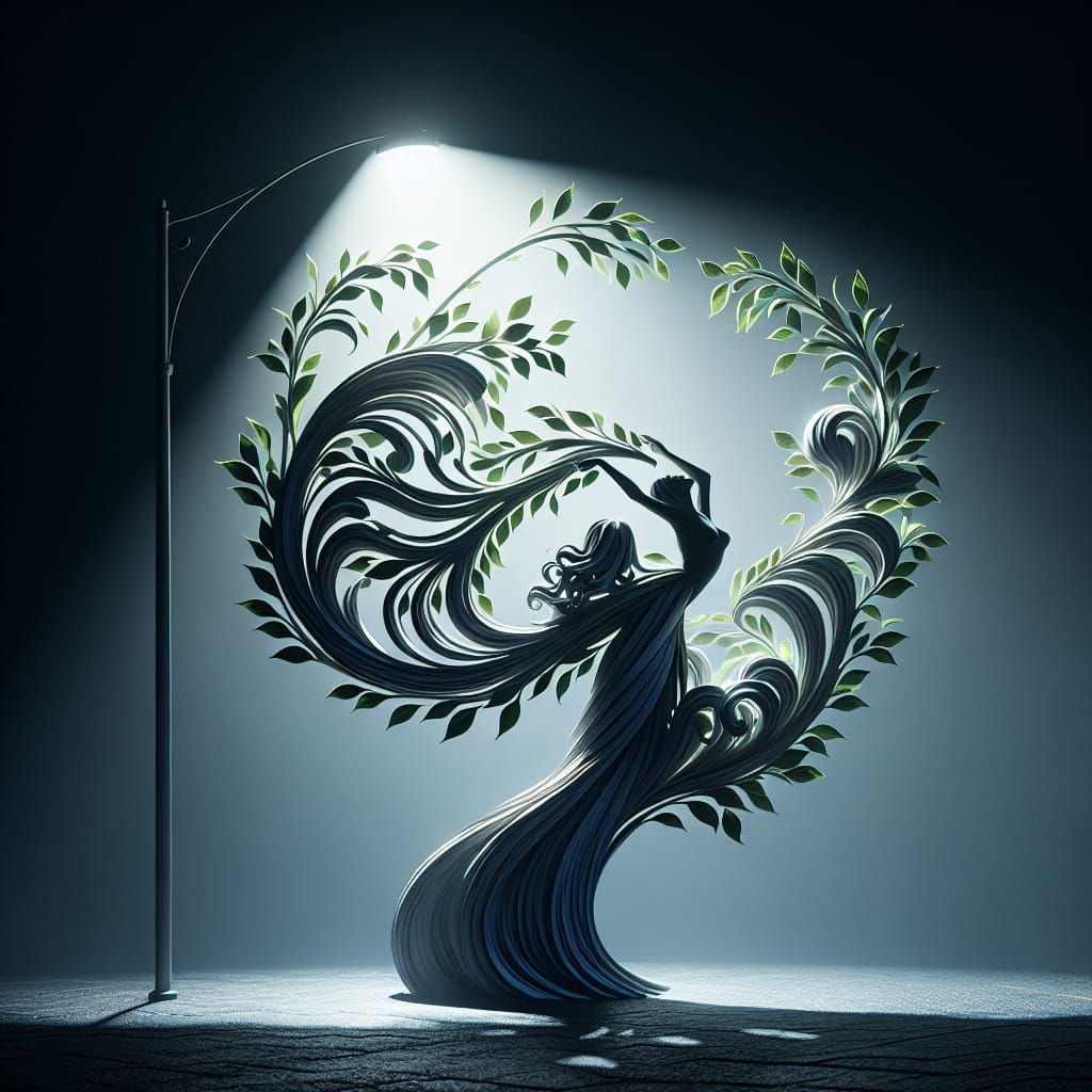 Graceful Woman Formed of Leaves in Night Scene