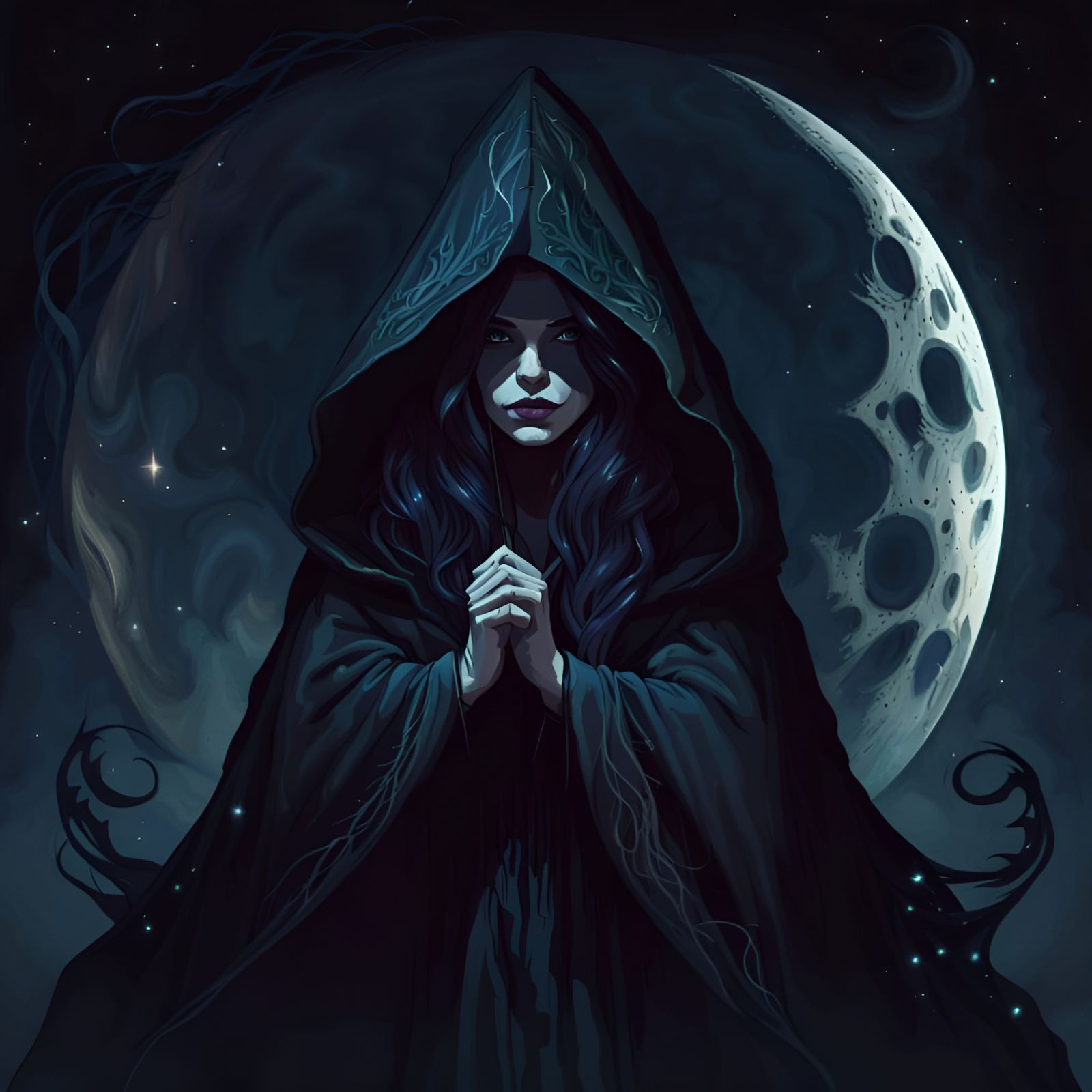 Eldritch Witch Under Full Moon at Night