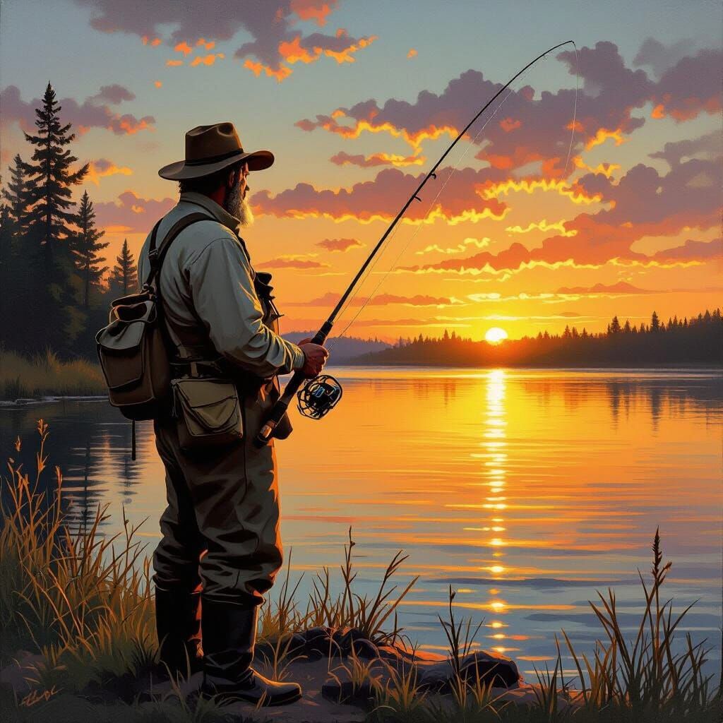 Angler on Lake Shore in Nostalgic Realism Style