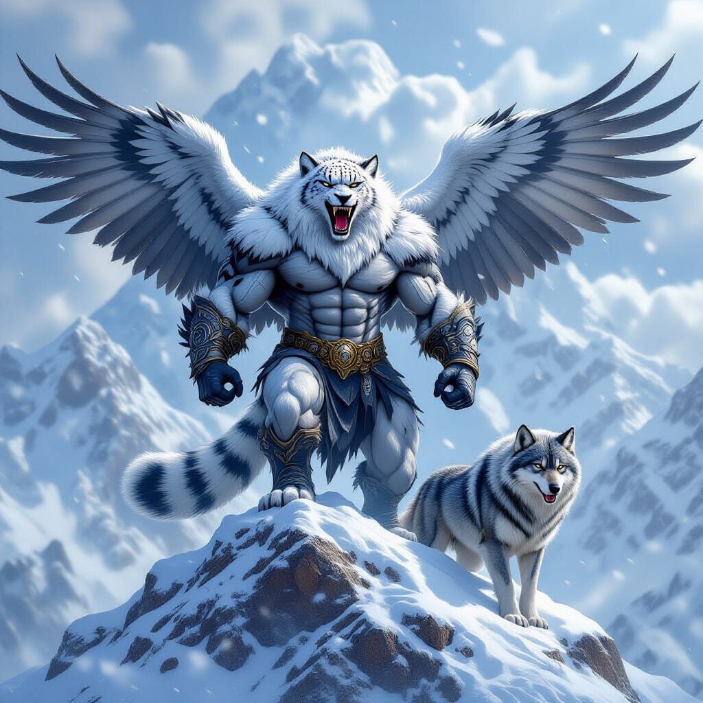 Hyperrealistic Chimera Fusion on Snow-Capped Peak