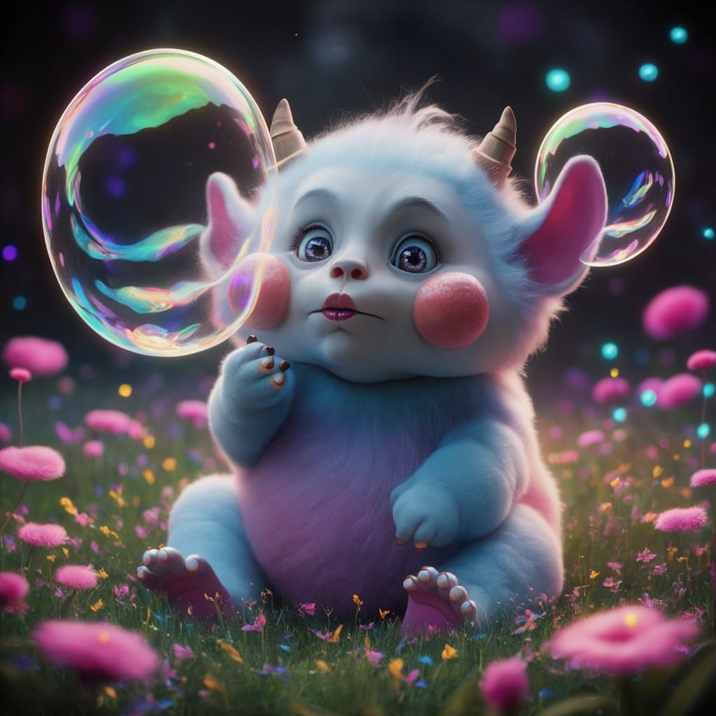 A 3D render of a baby monster with puffy cheeks blowing bubb...