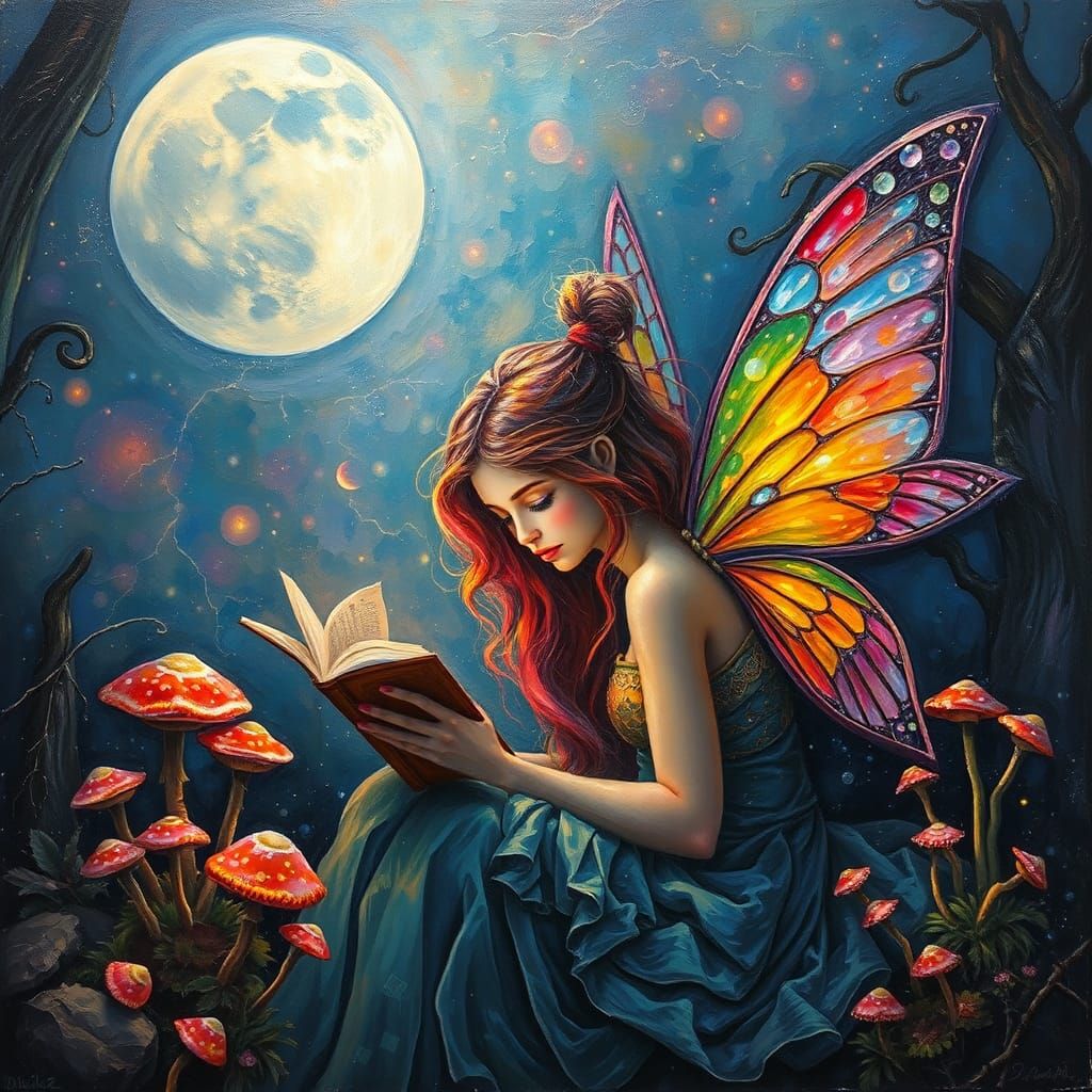 Fairy Reading by Moonlight in Rainbow Colors