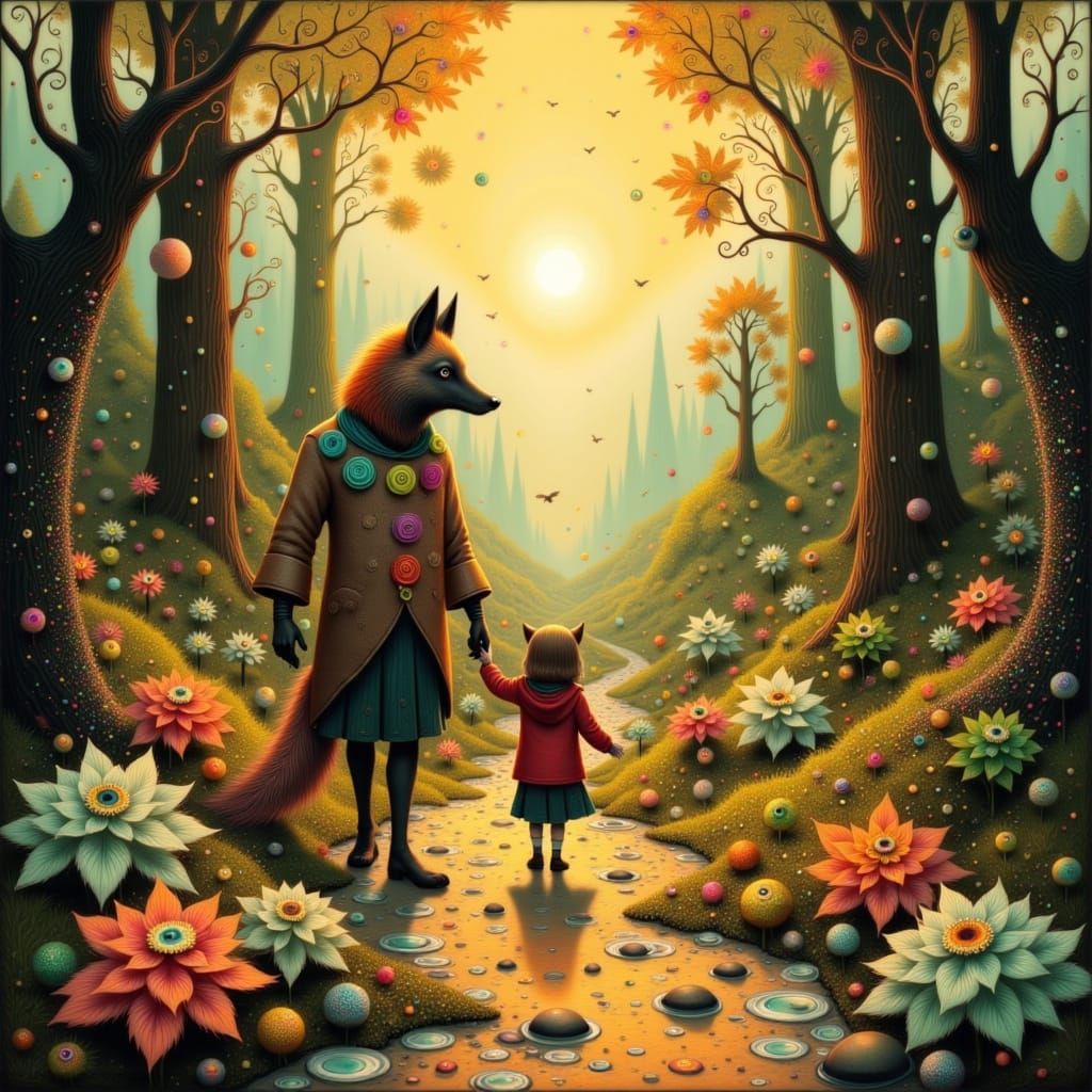 Coyote and Kaknu in a Vibrant Forest