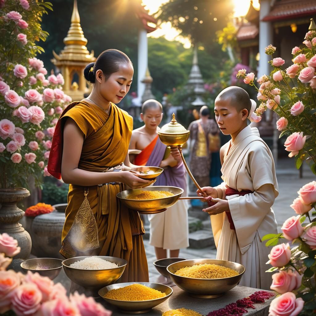 Thai Women Offer Alms to Monks in Golden Light