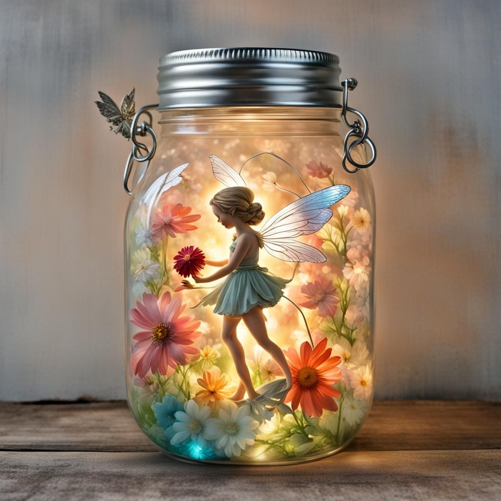 Fairy in Vintage Jar with Flowers and Glow