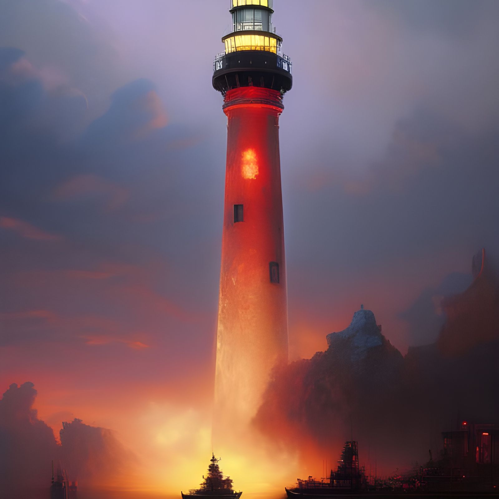 Epic Sunset Lighthouse with Sun Rays and Clouds