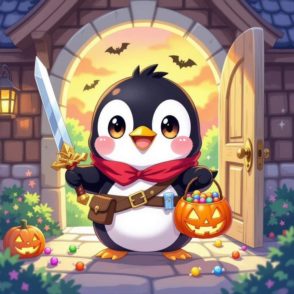 Joyful Chibi Penguin Warrior with Candy on Halloween