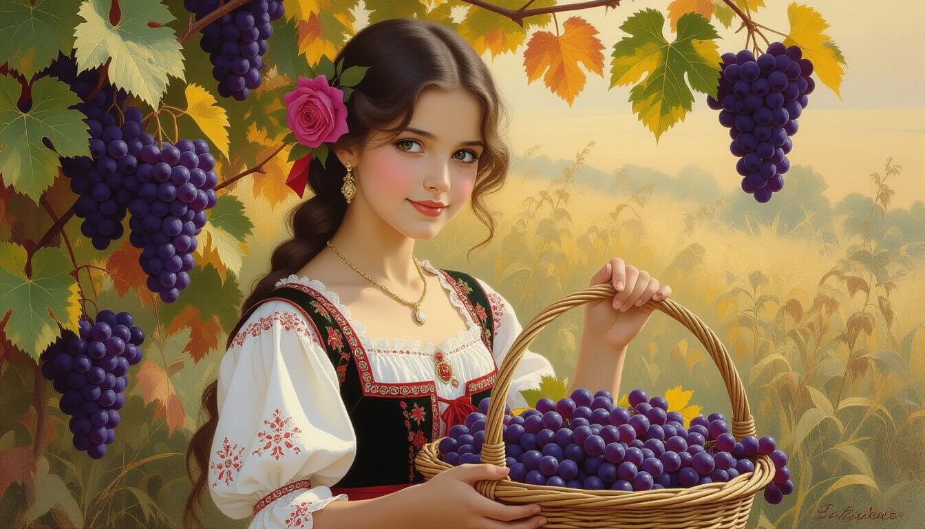 Romanian Girl with Grapes in Romantic Oil Painting Style