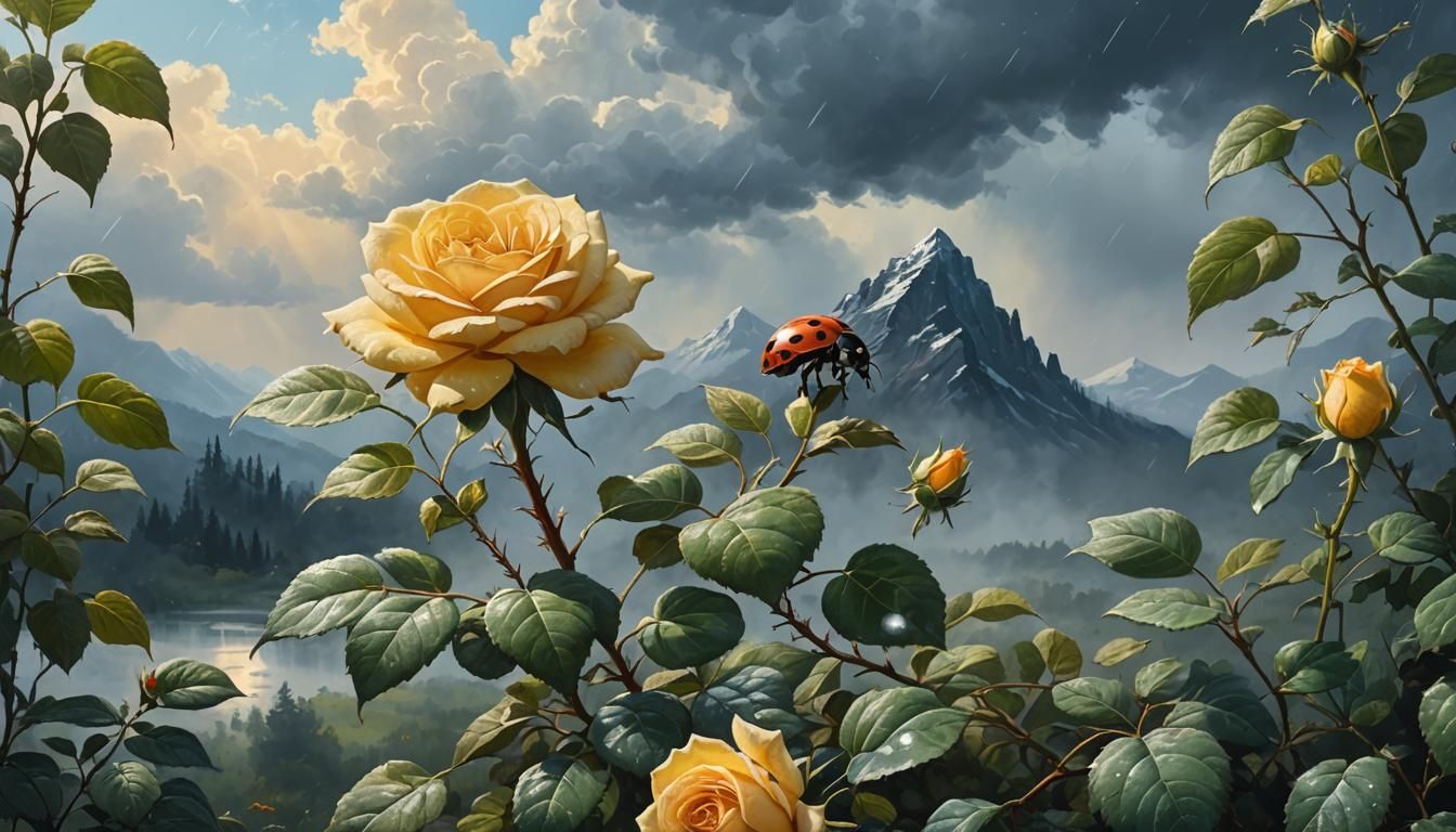 Ladybug and Rose After Rain: Frazetta Pastel Art