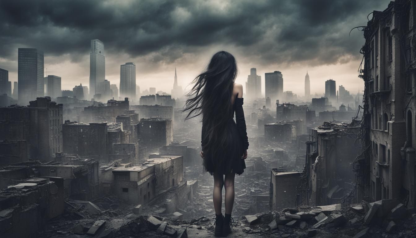 Lovecraftian Girl in Apocalyptic Cityscape