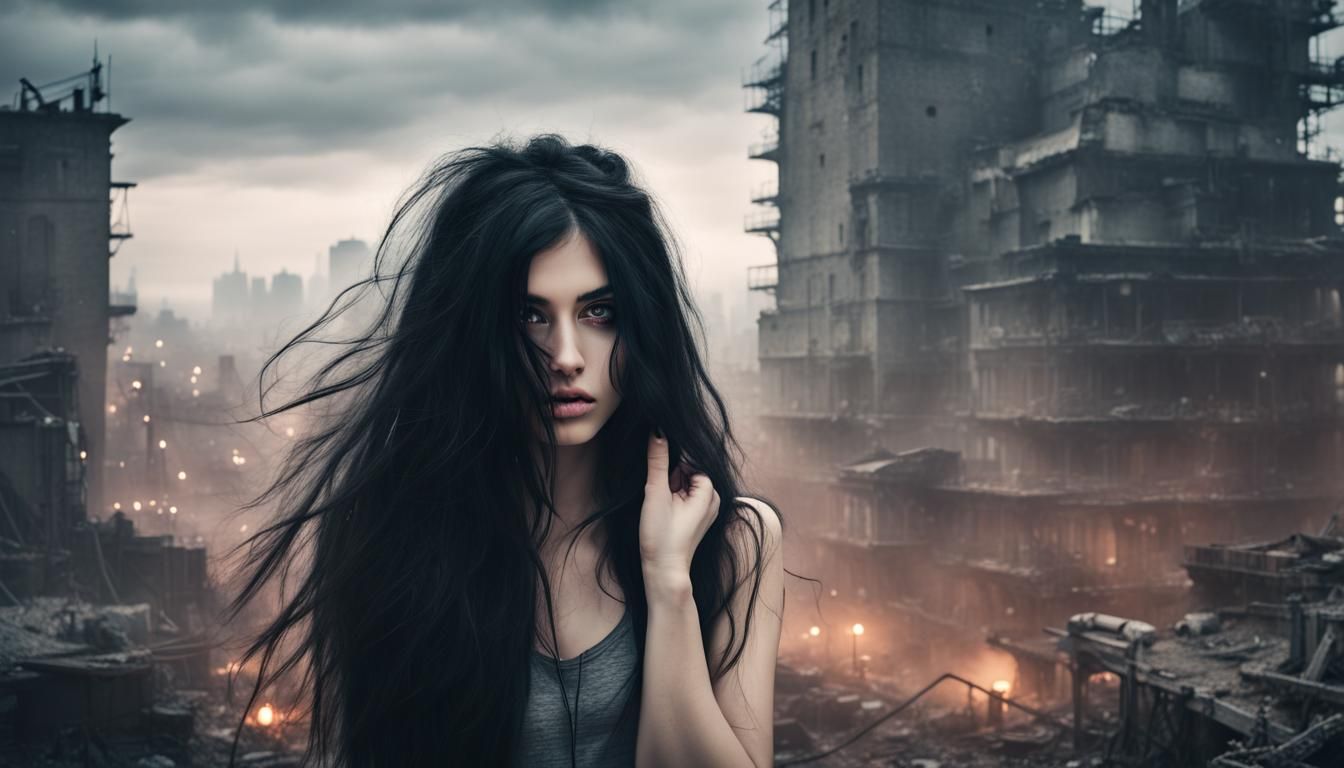 Lovecraftian Girl in Apocalyptic Cityscape